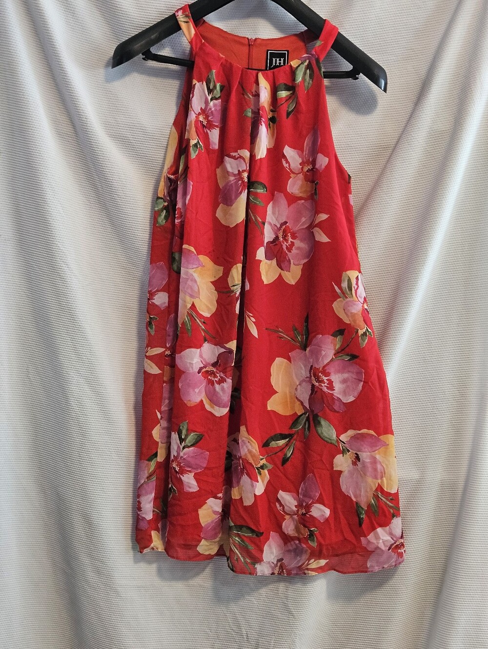 JH Floral High Neck Dress Size 12 Red Pink Watercolor Print Sleeveless Shift